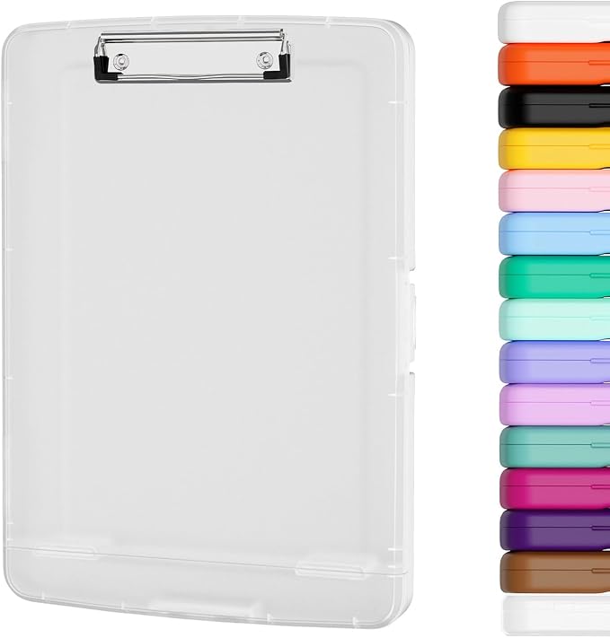 Piasoenc Clipboard with Storage, 8.5 x 11 Organization Box with Pen Holder and A4 Legal Paper Folder, Folio & Side-Opening, Low Profile Clip,for Nurses,Teachers, Size 14 x 9.6 x 1.2 in,Translucent