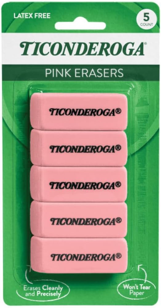 Ticonderoga Wedge Erasers, Pink, 5/Pack, 72 Packs, 360 Erasers Total
