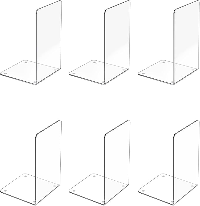 Acrylic Bookends 6 Pcs, Clear Book Ends for Shelves, Transparent Organizer, Holder Stand Decorative, Stoppers for Heavy Duty Books, CD, File, Video Games