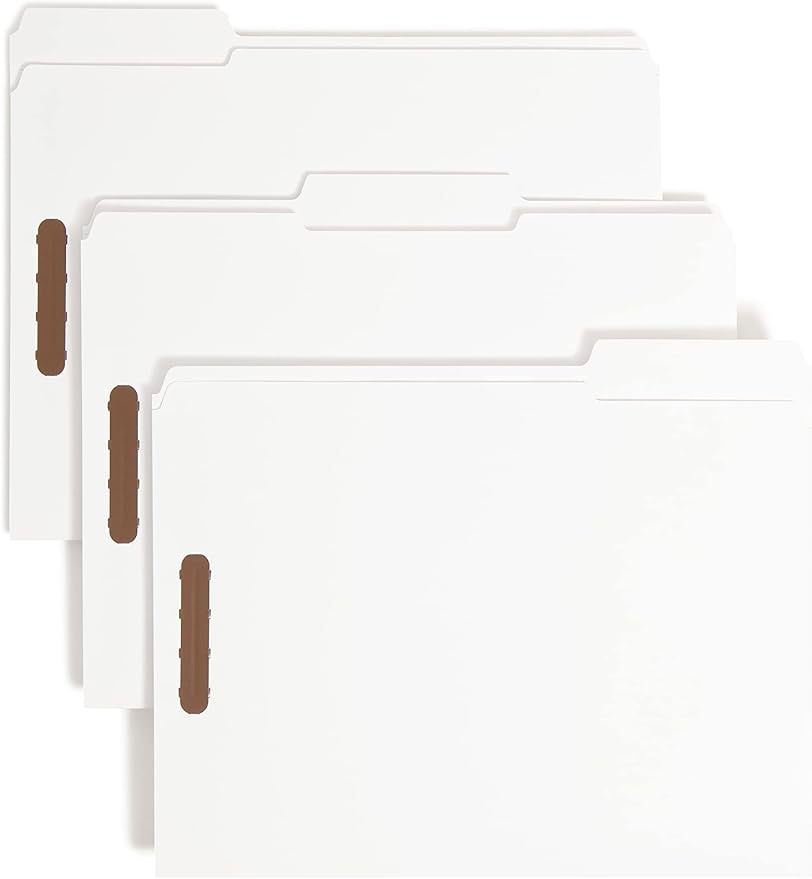 Smead Fastener File Folders, Reinforced 1/3-Cut Tabs, 2 Fasteners, Letter Size, White, 50 per Box (12840)