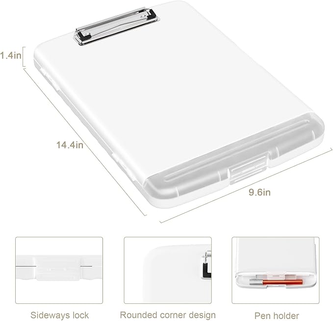 Piasoenc Clipboard with Storage, 8.5 x 11 Organization Box with Pen Holder and A4 Legal Paper Folder, Folio & Side-Opening, Low Profile Clip,for Nurses,Teachers, Size 14 x 9.6 x 1.2 in, White