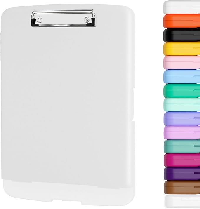 Piasoenc Clipboard with Storage, 8.5 x 11 Organization Box with Pen Holder and A4 Legal Paper Folder, Folio & Side-Opening, Low Profile Clip,for Nurses,Teachers, Size 14 x 9.6 x 1.2 in, White