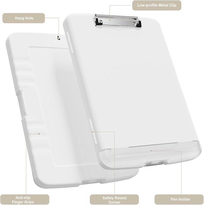 Piasoenc Clipboard with Storage, 8.5 x 11 Organization Box with Pen Holder and A4 Legal Paper Folder, Folio & Side-Opening, Low Profile Clip,for Nurses,Teachers, Size 14 x 9.6 x 1.2 in, White