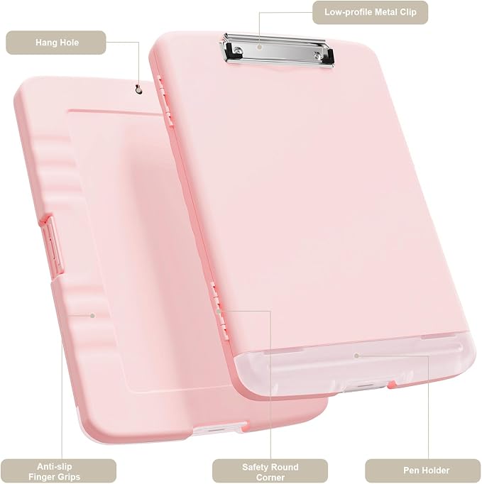 Piasoenc Clipboard with Storage, 8.5 x 11 Organization Box with Pen Holder and A4 Legal Paper Folder, Folio & Side-Opening, Low Profile Clip,for Nurses,Teachers, Size 14 x 9.6 x 1.2 in, Pink