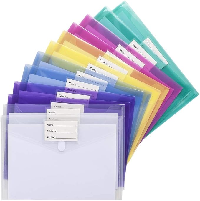 Sooez 24 Pack File Folders, Clear Poly Envelopes Plastic Folders, Folder for Documents Letter A4 Size with Label Pocket, Teacher School Office Supplies Organization Storage, Assorted Color