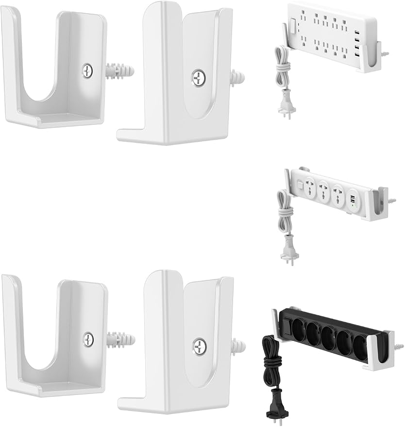Power Strip Holder, 2 Set Power Strip Wall Mount, (White) | Punch Free Socket Holder Fit for Under Desk, Bedside and More, Fixed by Adhesive or Screw