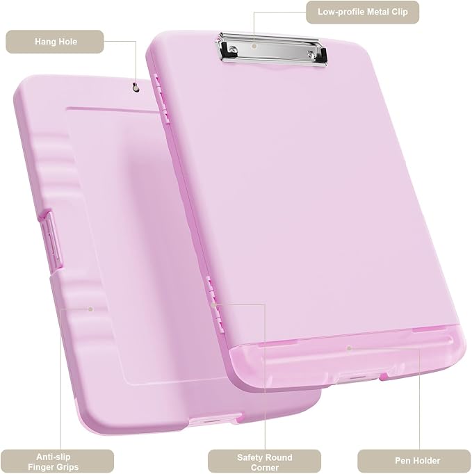 Piasoenc Clipboard with Storage, 8.5 x 11 Organization Box with Pen Holder and A4 Legal Paper Folder, Folio & Side-Opening, Low Profile Clip,for Nurses,Teachers, Size 14 x 9.6 x 1.2 in, Deep Pink