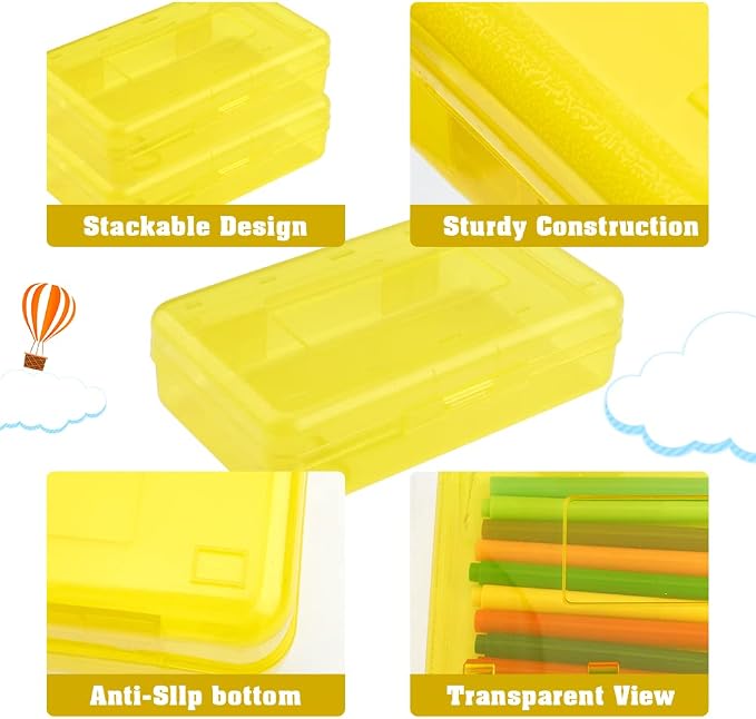 Pencil Box, Large Capacity Clear Pencil Case, 1 Pack Hard Pencil Case, Clear Crayon Box with Snap-tight Lid Stackable Design, Plastic Storage Box for Office Supplies, Yellow