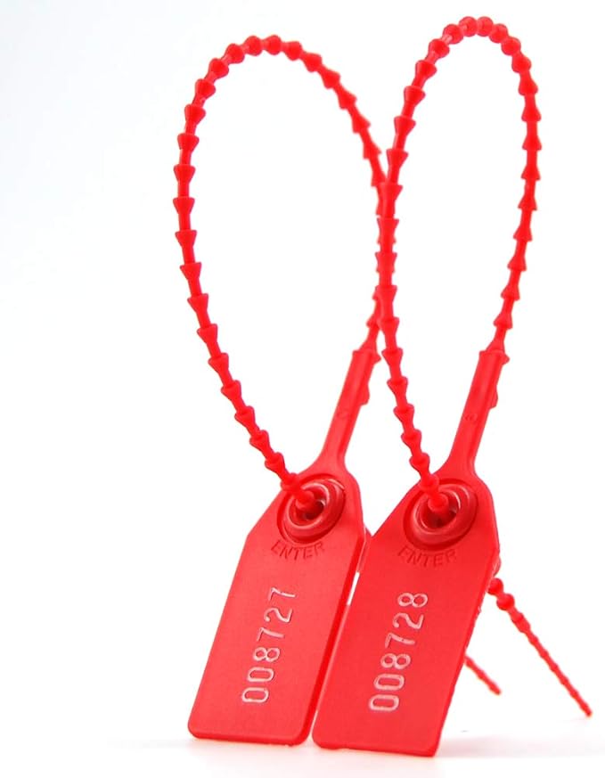 Leadseals(R) 100 Plastic Tamper Seals, Zip Ties for Fire Extinguishers Pull Tite Security Tags Numbered Disposable Self-Locking Tie 250mm Length (Red)