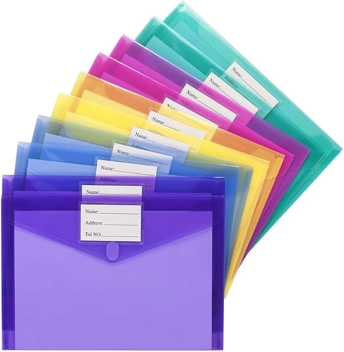 Sooez 10 Pack File Folders, Clear Poly Envelopes Plastic Folders, Folder for Documents Letter A4 Size with Label Pocket, Teacher School Office Supplies Organization Storage, Assorted Color