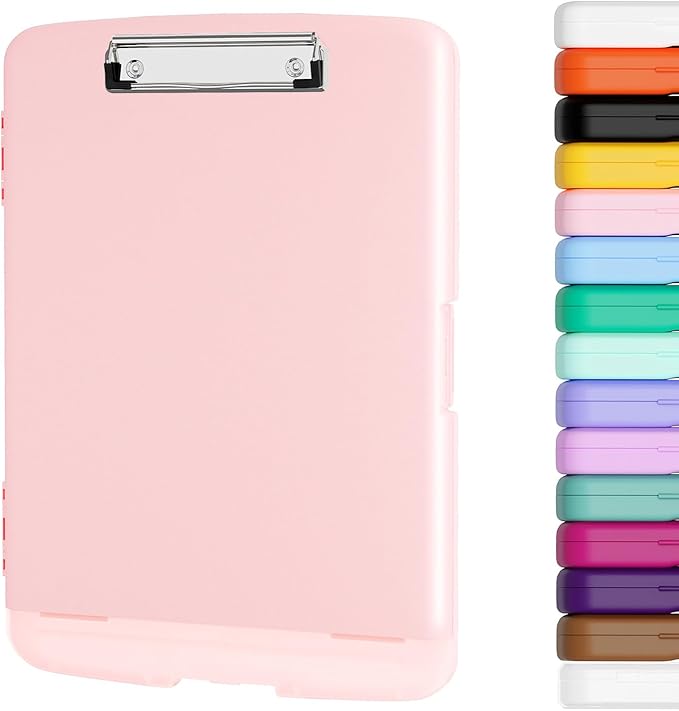 Piasoenc Clipboard with Storage, 8.5 x 11 Organization Box with Pen Holder and A4 Legal Paper Folder, Folio & Side-Opening, Low Profile Clip,for Nurses,Teachers, Size 14 x 9.6 x 1.2 in, Pink