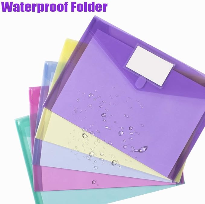 Sooez 24 Pack File Folders, Clear Poly Envelopes Plastic Folders, Folder for Documents Letter A4 Size with Label Pocket, Teacher School Office Supplies Organization Storage, Assorted Color