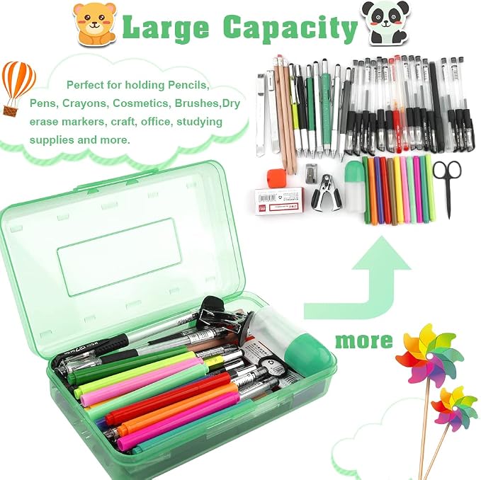 Pencil Box, Large Capacity Clear Pencil Case, 1 Pack Hard Pencil Case, Clear Crayon Box with Snap-tight Lid Stackable Design, Plastic Storage Box for Office Supplies, Green