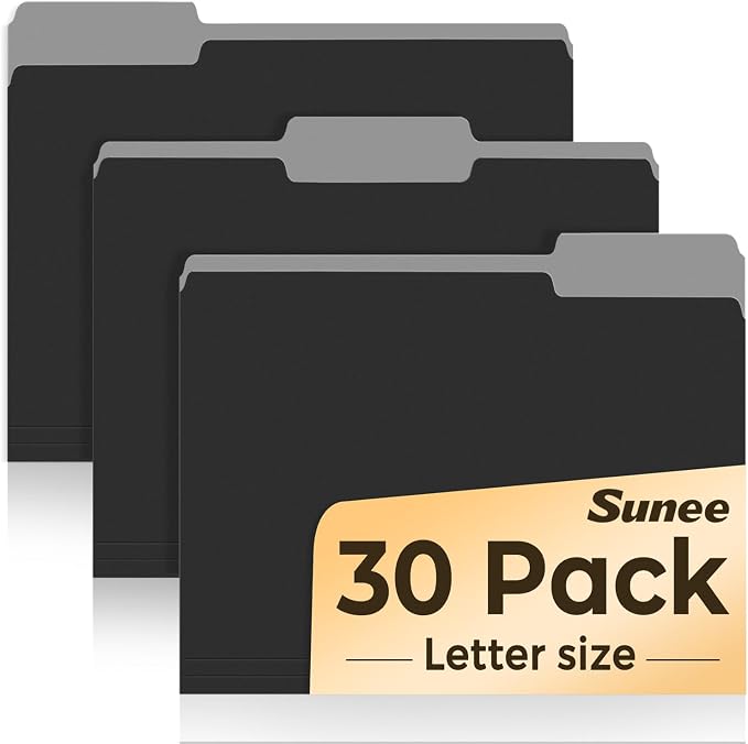 SUNEE File Folders, 30 Pack Manilla Folders 8.5 x 11, Colored File Folders Home Office School Supplies for Documents Files Paper, Black