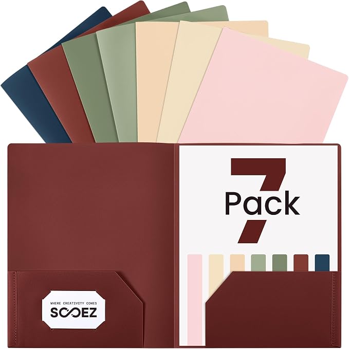 Sooez 7 Pack Folders with Pockets, 2 Pocket Folders with Extra Labels, Plastic Folder with Pockets, Heavy Duty File Folder Bulk, School Business Office Filing Supplies, Warm Colors