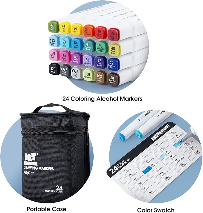 TRANSON Alcohol Markers for Drawing Coloring 24 Colors Dual-tip Fine and Brush Tips