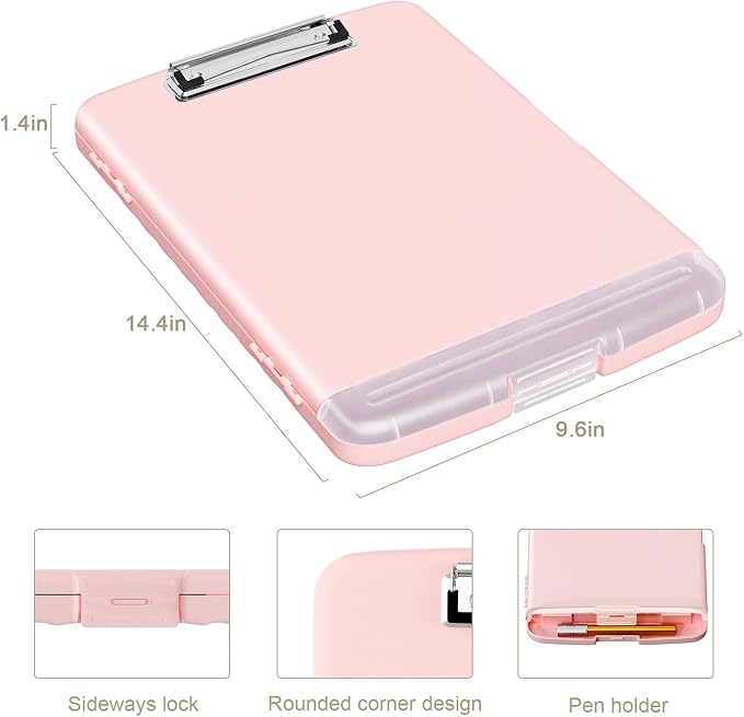 Piasoenc Clipboard with Storage, 8.5 x 11 Organization Box with Pen Holder and A4 Legal Paper Folder, Folio & Side-Opening, Low Profile Clip,for Nurses,Teachers, Size 14 x 9.6 x 1.2 in, Pink