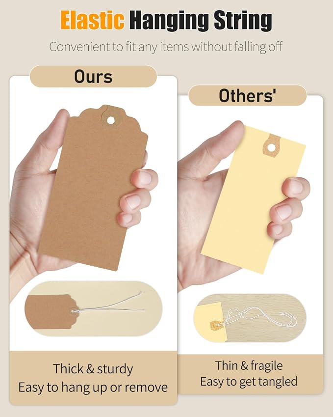 Uniclife 72 Pcs Blank Shipping Tags with Elastic String Attached Kraft Paper Hang Tags with Reinforced Eyelet Large Marking Price Tag Inventory Label Tag, Brown (4.7" L x 2 3/8" W)