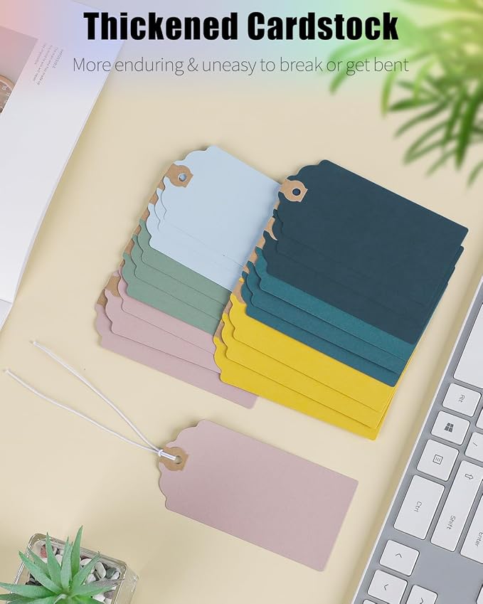 Uniclife 72 Pcs Blank Shipping Tags with Elastic String Attached Colored Cardstock Paper Hang Tags with Reinforced Eyelet Large Marking Price Tag, 6 Pastel Colors (4.7" x 2 3/8")