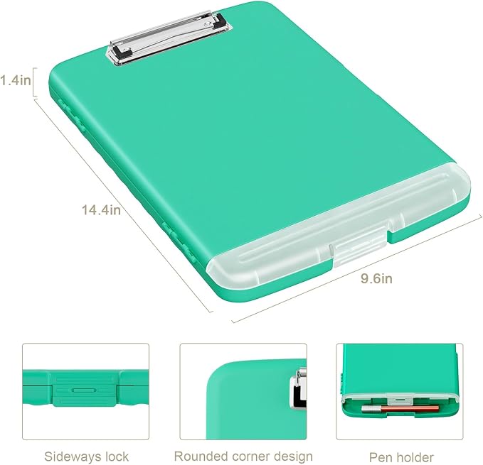 Piasoenc Clipboard with Storage, 8.5 x 11 Organization Box with Pen Holder and A4 Legal Paper Folder, Folio & Side-Opening, Low Profile Clip,for Nurses,Teachers, Size 14 x 9.6 x 1.2 in, Green