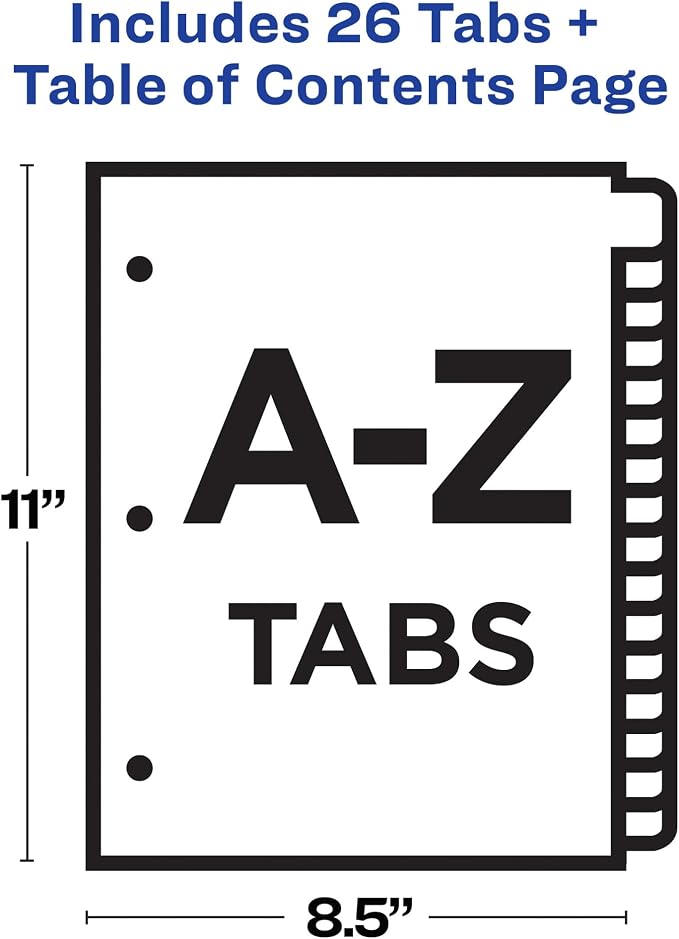 Avery A-Z Dividers for 3 Ring Binders, 26 Tabs per Set, Customizable Table of Contents, Multicolor Tabs, Great for Organizing Reports, Projects, and More (11125)