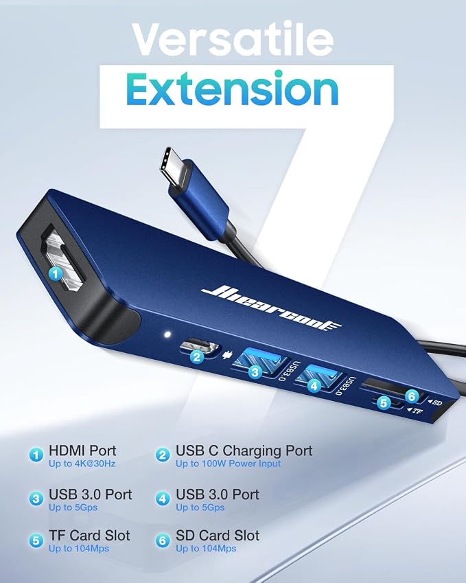 Hiearcool USB C Hub, 7-in-1 USB C Dongle for MacBook, HDMI, PD, Navy Blue