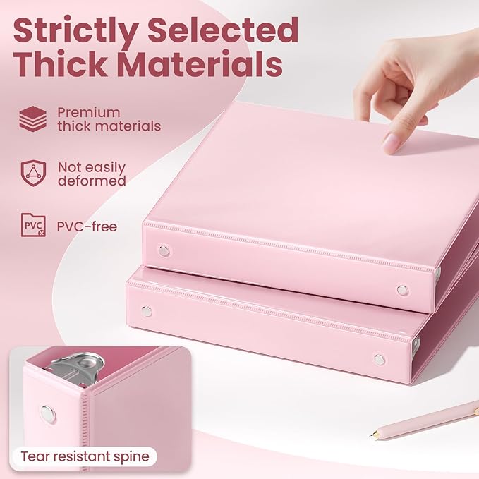 SUNEE 3 Ring Binder 1 Inch 4 Pack, Clear View 1" Binders Three Ring PVC-Free (Fit 8.5x11 Inches) for School or Office Supplies, Pink