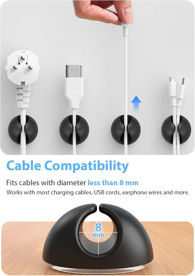 Shintop Cord Organizer, 6 Pack Black Charger Holder Cable Clips Wire Clips for Organizing Desk Nightstand Car Phone Charger