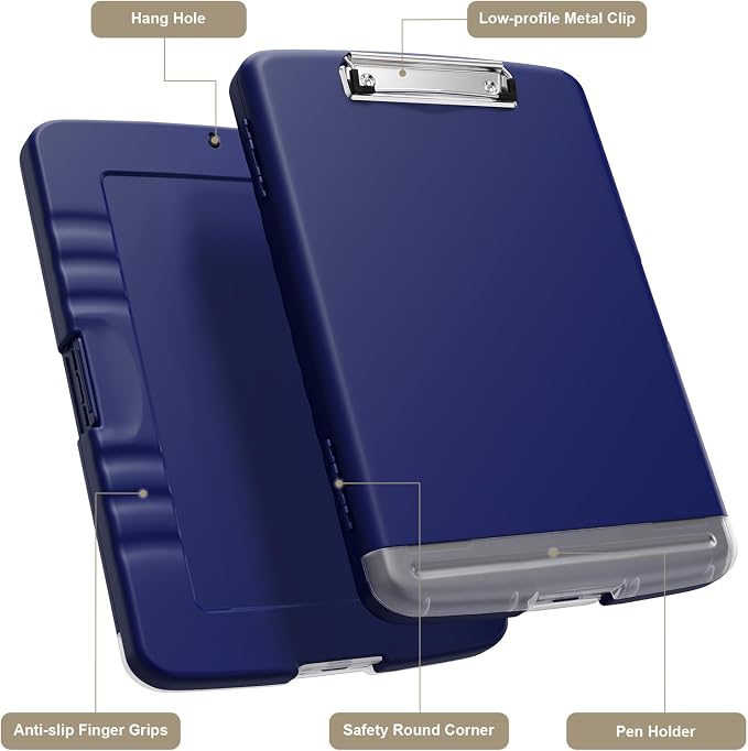 Piasoenc Clipboard with Storage, 8.5 x 11 Organization Box with Pen Holder and A4 Legal Paper Folder, Heavy Duty Plastic, Folio & Side-Opening, Low Profile Clip for Nurses, Teachers,Navy Blue