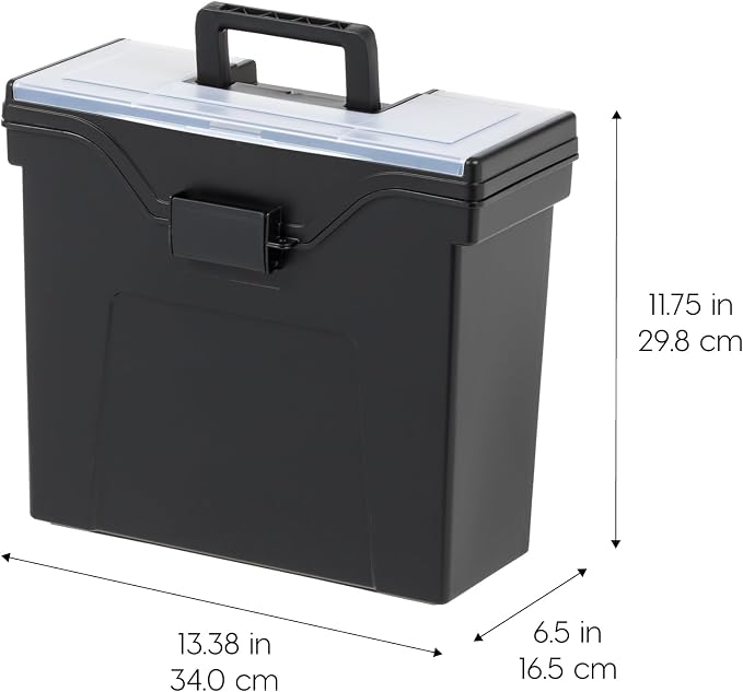 IRIS USA Portable File Box With Handle, Slim w/Organizer Lid, Plastic File Organizer Box for Letter Files, Hanging Filing Folder Organizer, Lockable, Secure Buckle, Black
