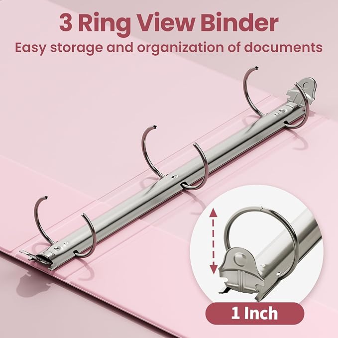 SUNEE 3 Ring Binder 1 Inch 4 Pack, Clear View 1" Binders Three Ring PVC-Free (Fit 8.5x11 Inches) for School or Office Supplies, Pink