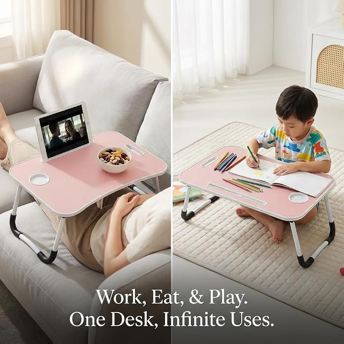 BUYIFY 23" Foldable Lap Desk for Laptop Writing w/Cup Holder Pink | Sturdy and Durable, Laptop Bed Desk with Tablet Slot, No Assembly, Space Saving for Bed Couch Dorm WFH Students