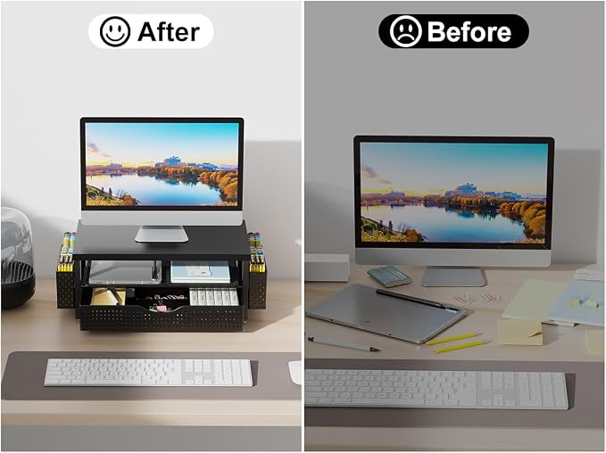 gianotter Desk Organizers and Accessories, Monitor Stand with Drawer and 2 Pen Holder, Desktop Organizer Suitable for Offices and Dormitories (Black-Plain)