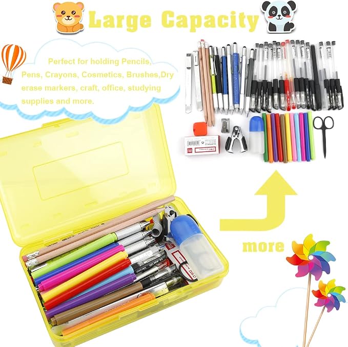 Pencil Box, Large Capacity Clear Pencil Case, 1 Pack Hard Pencil Case, Clear Crayon Box with Snap-tight Lid Stackable Design, Plastic Storage Box for Office Supplies, Yellow