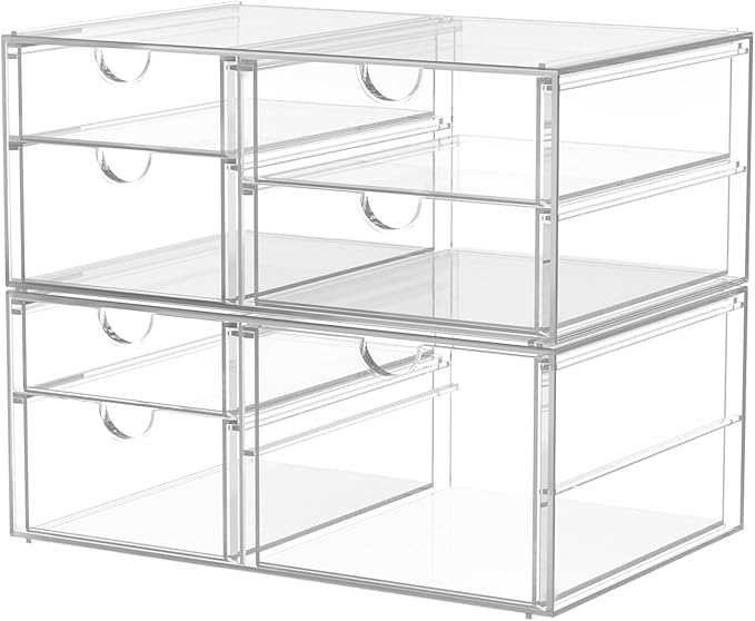 caktraie 2 Pack Desk Organizers, Makeup Organizer Storage with 7 Drawers, Desktop Office Supplies, Clear Desk Accessories, Dustproof Drawer Organizer and Storage for Make Up, Jewelry, Pen