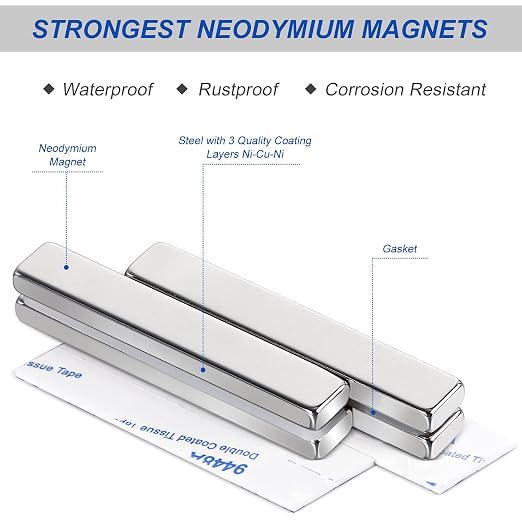 MIKEDE Strong Neodymium Magnets with Adhensive Backing 60x10x5 mm 12 Pcs | Super Strong Magnets Bar, Heavy Duty Metal Powerful Silver Rectangular Magnet for Craft, Whiteboard, Garage, Kitchen, DIY