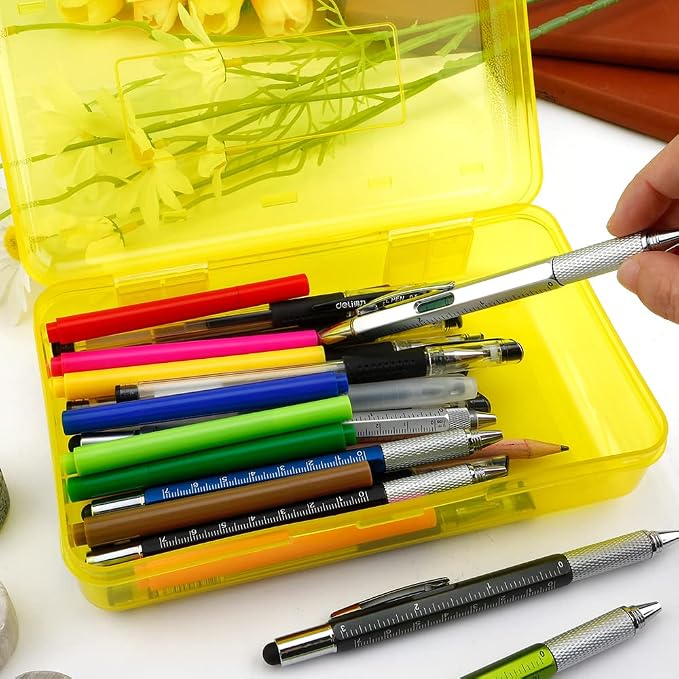 Pencil Box, Large Capacity Clear Pencil Case, 1 Pack Hard Pencil Case, Clear Crayon Box with Snap-tight Lid Stackable Design, Plastic Storage Box for Office Supplies, Yellow
