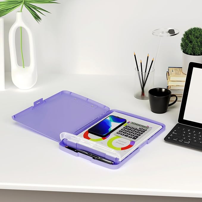 Piasoenc Clipboard with Storage, 8.5 x 11 Organization Box with Pen Holder and A4 Legal Paper Folder, Folio & Side-Opening, Low Profile Clip,for Nurses,Teachers, Size 14 x 9.6 x 1.2 in, Purple