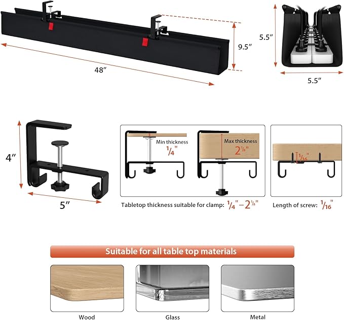 Univivi No Drill Under Desk Cable Management Tray, 48" Cord Organizer for Table, Clamp/Screw Mount Desk Cable Management, Premium Fabric Cable Management Tray for Office, Home (Extra Large)