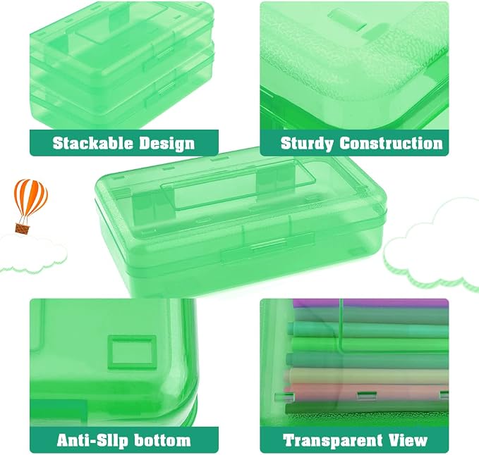 Pencil Box, Large Capacity Clear Pencil Case, 1 Pack Hard Pencil Case, Clear Crayon Box with Snap-tight Lid Stackable Design, Plastic Storage Box for Office Supplies, Green