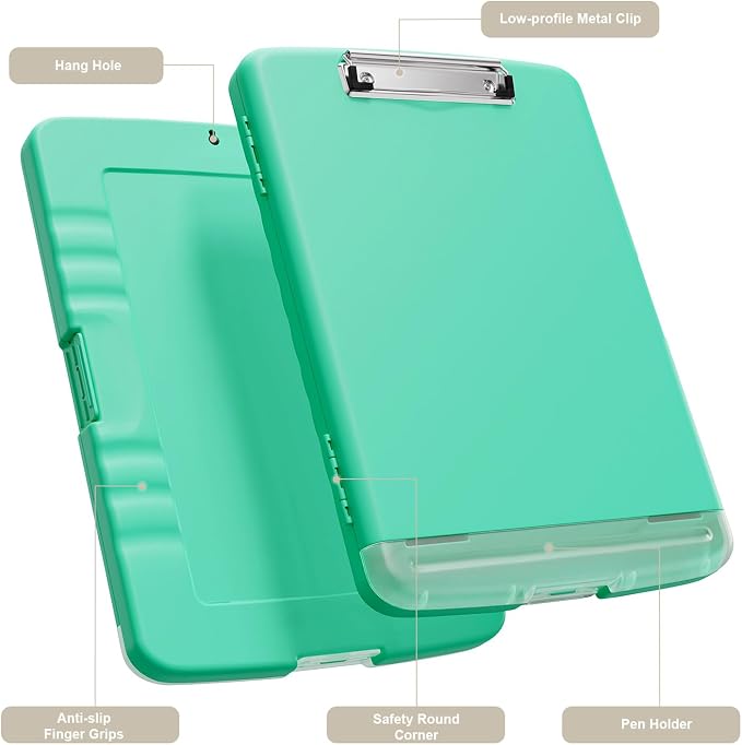 Piasoenc Clipboard with Storage, 8.5 x 11 Organization Box with Pen Holder and A4 Legal Paper Folder, Folio & Side-Opening, Low Profile Clip,for Nurses,Teachers, Size 14 x 9.6 x 1.2 in, Green