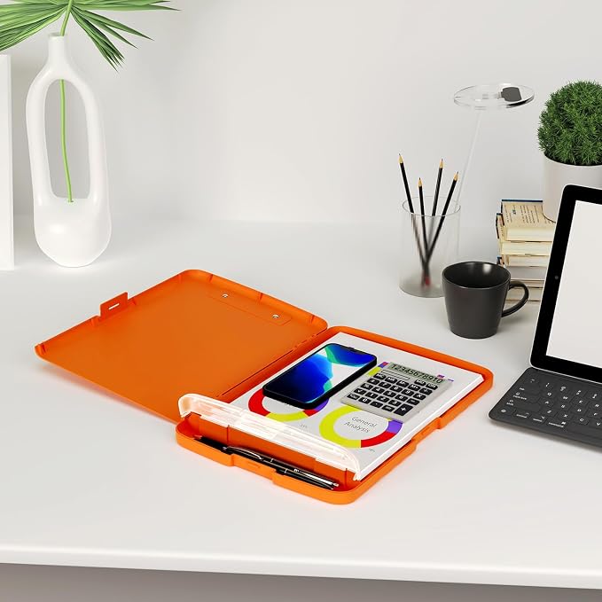 Piasoenc Clipboard with Storage, 8.5 x 11 Organization Box with Pen Holder and A4 Legal Paper Folder, Folio & Side-Opening, Low Profile Clip,for Nurses,Teachers, Size 14 x 9.6 x 1.2 in, Orange