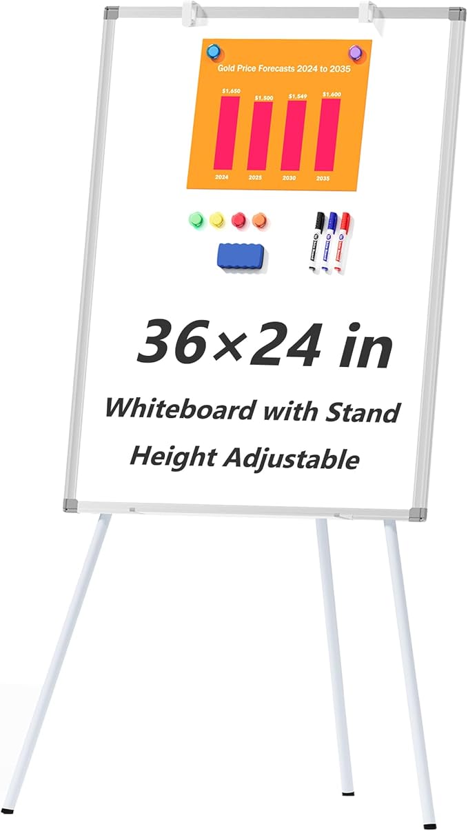 Large Whiteboard Easel with Stand, 36" x 24" Portable Standing Magnetic Dry Erase White Board, 3' x 2' Tripod Height Adjustable Flip Chart Easel for Home Office Classroom School, Silver