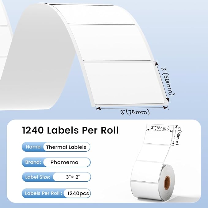 Phomemo 3"x2" Thermal Labels Roll - 1240 PCS Label Stickers for Small Business Supplies - Commercial Grade Logo Stickers for Business Customized - Waterproof Shipping Labels for Thermal Printer