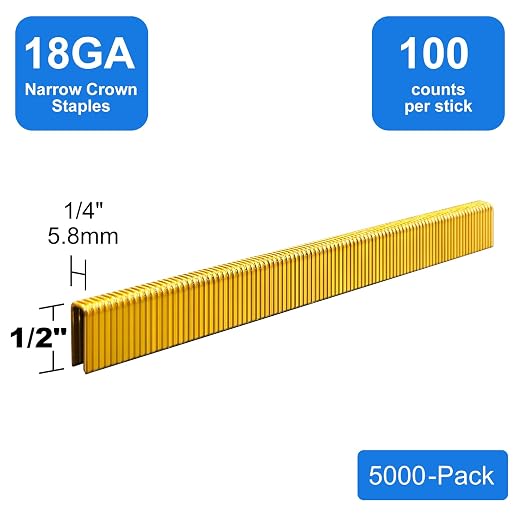 18 Gauge 1/4" Narrow Crown Staples 1/2 Inch Leg, 5000-Pack | Galvanized coating resists rust for indoor woodworking & decoration, fits all electric staplers and staple guns