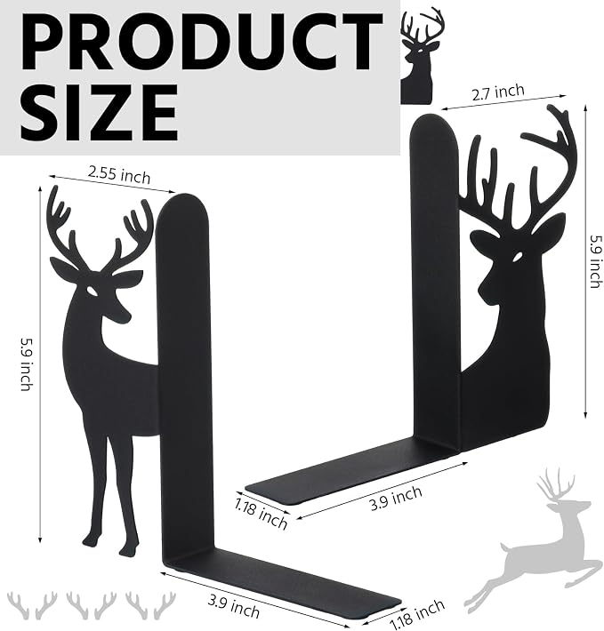 Geelin Reindeer Metal Bookends Set of 2 Black Reindeer Head Christmas Book Ends for Shelves Elk L Shaped Book Organizer for Desk Organizer Deer Lovers and Reading Enthusiasts