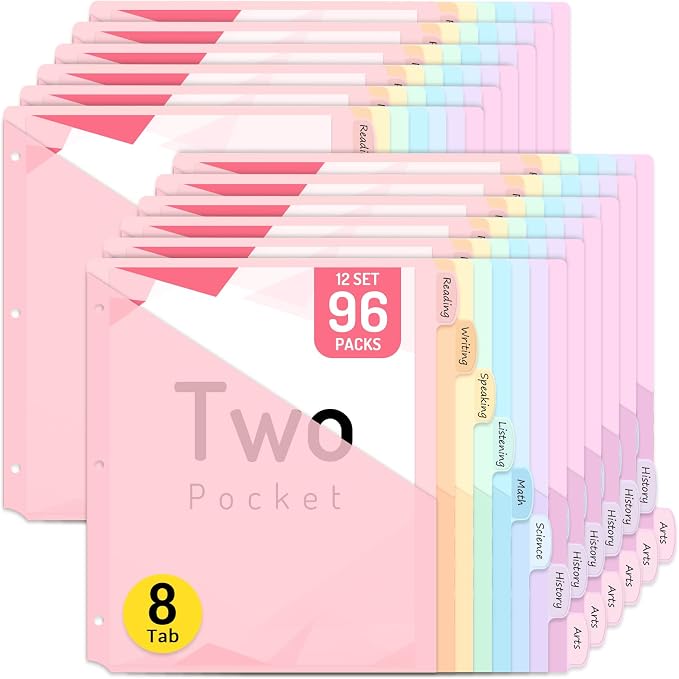 Forvencer 96 Count Binder Dividers with Two Pockets, 8 tab Dividers for 3 Ring Binders Organizer, Binder Divider with Tabs for School Office and Home Organization, Multicolor, 12 Sets