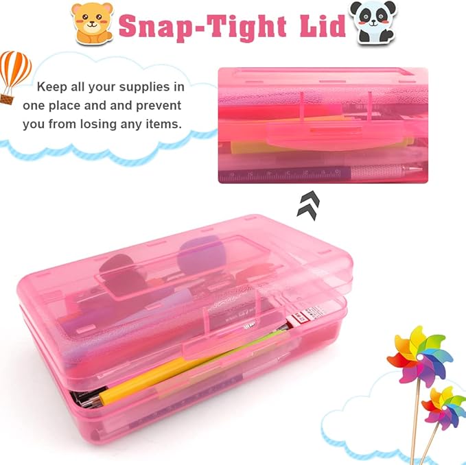 Pencil Case, Pencil Box, Crayon Box, Clear Pencil Case, 2 Pack Plastic Pencil Case, Clear Pencil Boxes with Snap-tight Lid Stackable Design, Plastic Storage Box for School Office Supplies, Pink+Green