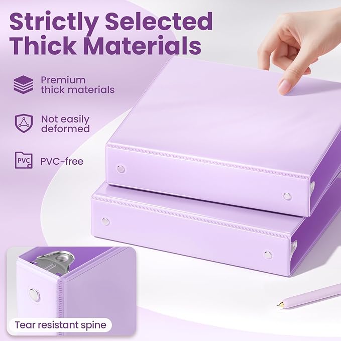 SUNEE 1.5 Inch Binders 3 Ring 4 Pack, Clear View 1 1/2 Inch Binders Three Ring PVC-Free (Fit 8.5x11 Inches) for School or Office Supplies, Purple