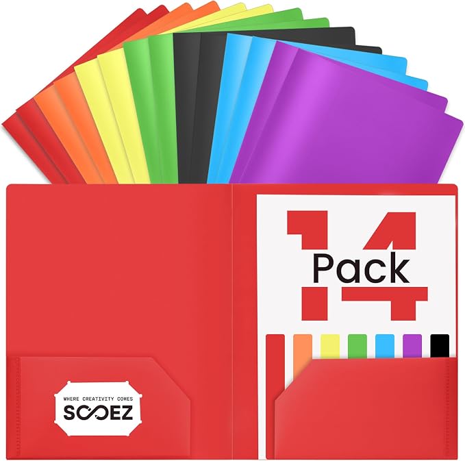 Sooez 14 Pack Folders with Pockets, Pocket Folders with Extra Labels, Plastic Folders with Pockets, 2 Pocket Folders Bulk, Heavy Duty File Folders, School Folder Business Folder Office Filing Supplies